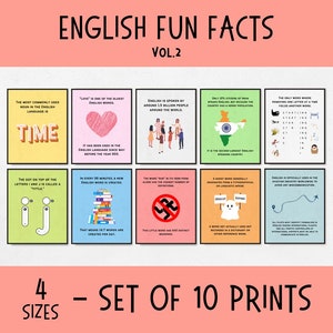 May include: Set of 10 printable English fun facts posters in 4 sizes. The posters feature colorful illustrations and fun facts about the English language, such as the most commonly used noun in English is "time" and a new English word is created every 90 minutes.