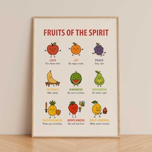 9 Fruits of Spirit poster for preschool classroom decor, christian wall poster printable, pastor office decor, fruit theme classroom decor