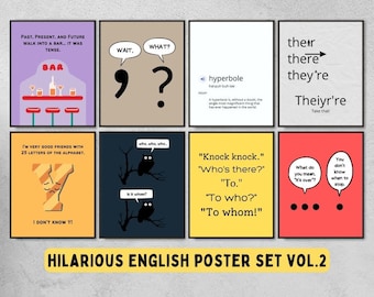 set of 8 funny english classroom printable posters, english teacher gift, grammar punctuation poster decor, english language arts decor