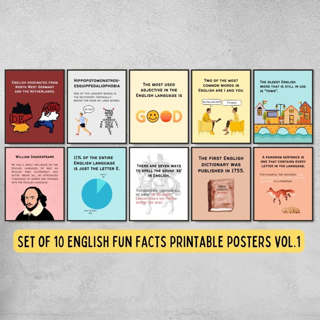 10 English Fun Facts Posters Printable for Classroom and Bulletin Board Decor, English Language ...