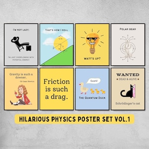 set of 8 funny physics classroom decor printable posters, physics laboratory decorations, science teacher gift, science classroom decor
