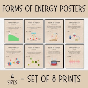 Vintage satz von 8 Formen von Energie druckbare Poster für Wissenschaft Klassenzimmer Dekor, Physik Lernposter, Wissenschaftslabor Wand Kunst Set