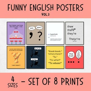 set of 8 funny english classroom printable posters, english teacher gift, grammar punctuation poster decor, english language arts decor