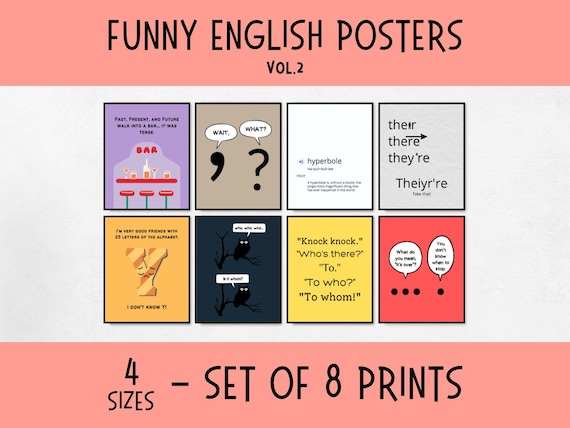 Funny English Classroom Posters, reading nook decor, language arts classroom decor, library wall art, funny english teacher gifts