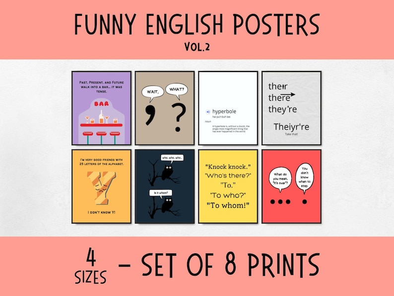 May include: Set of eight printable posters featuring funny English grammar and wordplay. The posters include illustrations and text in black, white, red, yellow, and blue.