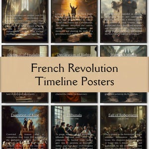 May include: A timeline poster set depicting key events of the French Revolution. The posters feature images of historical figures and events, including the storming of the Bastille, the execution of King Louis XVI, and the Reign of Terror. The posters are titled with the names of the events and include dates.