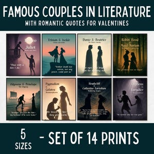 Puede incluir: Juego de 14 impresiones con parejas literarias famosas con citas románticas. Incluye Romeo y Julieta, Tristán e Isolda, Dante y Beatriz, Robin Hood y Marian, Odiseo y Penélope, Pigmalión y Galatea, Heathcliff y Catherine Earnshaw y Orfeo y Eurídice.