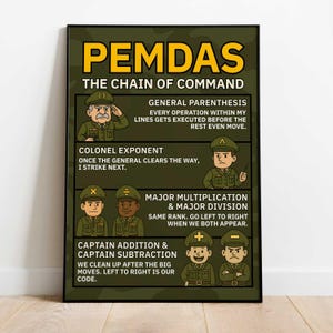 May include: A framed poster with a camouflage background and the title "PEMDAS THE CHAIN OF COMMAND" in yellow. The poster illustrates the order of operations in mathematics with cartoon military figures representing each step: Parenthesis, Exponents, Multiplication, Division, Addition, and Subtraction.