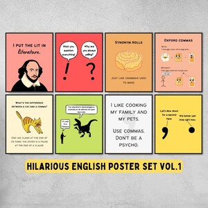 set of 8 funny english classroom posters printable, grammar punctuation poster decor, english language arts decor, kids educational posters