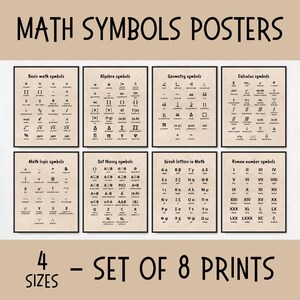 May include: Set of eight printable posters featuring various math symbols, including basic math, algebra, geometry, calculus, logic, set theory, Greek letters, and Roman numerals. The posters are in black and white and have a vintage aesthetic.