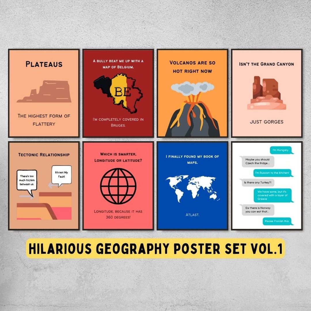 Set of 8 Funny Geography Posters Puns and Memes Printable, Earth