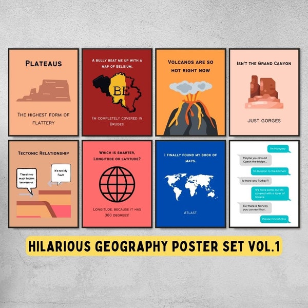 Set von 8 lustige Geographie Poster Wortspiele und Meme zum Ausdrucken, Geo Wissenschaft & Geologie Klassenzimmer Dekor, lustige Geographie Lehrer Geschenke