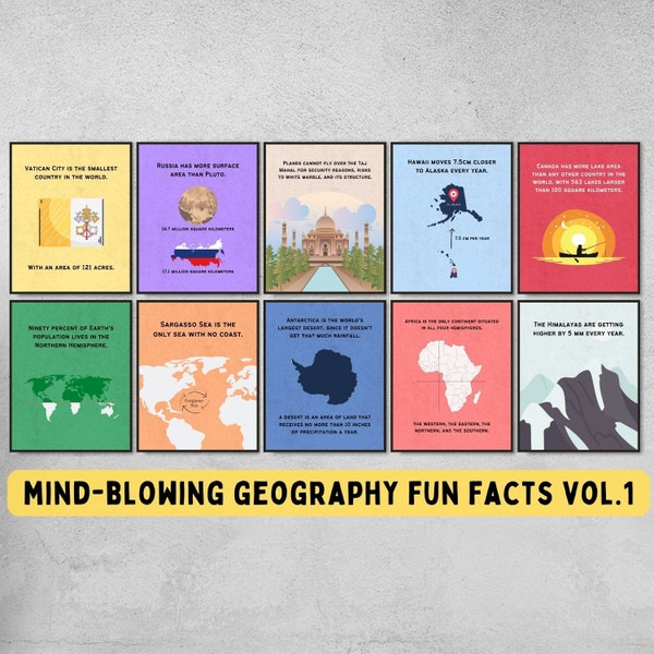 10er Set Geographie lustige Fakten Poster zum ausdrucken, Welt Geographie Klassenzimmer Dekor für Mittel- und Oberstufe, Sozialkunde Lernposter