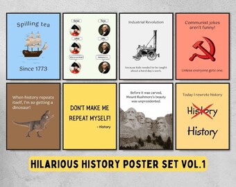 set of 8 funny history classroom printable posters, world history decor for middle & high school, funny history teacher wall art gift