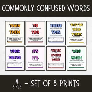 May include: Set of eight printable posters with colorful borders, each featuring a pair of commonly confused words. The words are written in large, bold letters with examples and explanations below. The words include "than/then", "to/too", "these/this", "they're/their/there", "your/you're", "its/it's", "we're/where/were", and "who/whom".