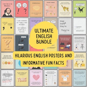 Ultimate English classroom decor bundle printable posters, grammar punctuation posters, language arts decor, fun and educational posters