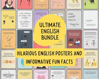 Ultimate English classroom decor bundle printable posters, grammar punctuation posters, language arts decor, fun and educational posters