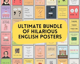 Puede incluir: Una pancarta amarilla con el texto "Ultimate Bundle of Hilarious English Posters" en negro. La pancarta está rodeada de 24 carteles coloridos con ilustraciones y textos humorísticos sobre gramática inglesa y literatura.