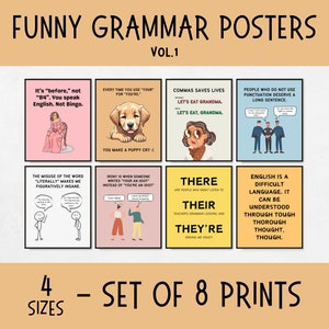 Conjunto de 8 pôsteres engraçados de gramática para decoração de sala de aula de inglês, pôsteres de parede de pontuação, decoração de artes da língua inglesa, presente de gramática para professores