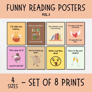 Puede incluir: Conjunto de ocho pósters imprimibles con refranes divertidos sobre la lectura. Los pósters presentan ilustraciones de abejas, libros y otras imágenes relacionadas con la lectura. El texto en los pósters incluye frases como "Prefiero estar leyendo..." y "¡Toma una página de mi libro y mi hoja!"