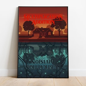 May include: Framed art print with a split design. The top half shows a house under a sunset sky, with the words "MULTIPLICATION" and "ADDITION" above. The bottom half depicts an inverted scene with the words "SUBTRACTION" and "DIVISION".