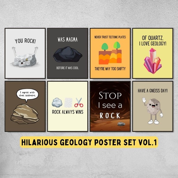 set of 8 funny geology puns and memes printable posters, geology classroom decor, funny geologist gift, earth science posters