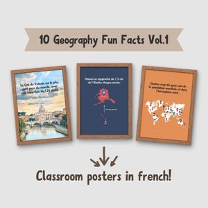 10 geography fun facts posters in french, social studies classroom decor, geography homeschool decorations, world geography teacher gifts