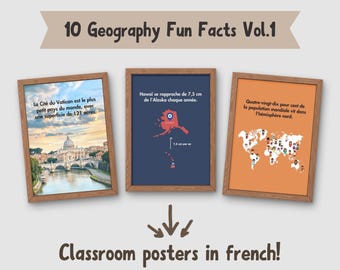 10 geography fun facts posters in french, social studies classroom decor, geography homeschool decorations, world geography teacher gifts