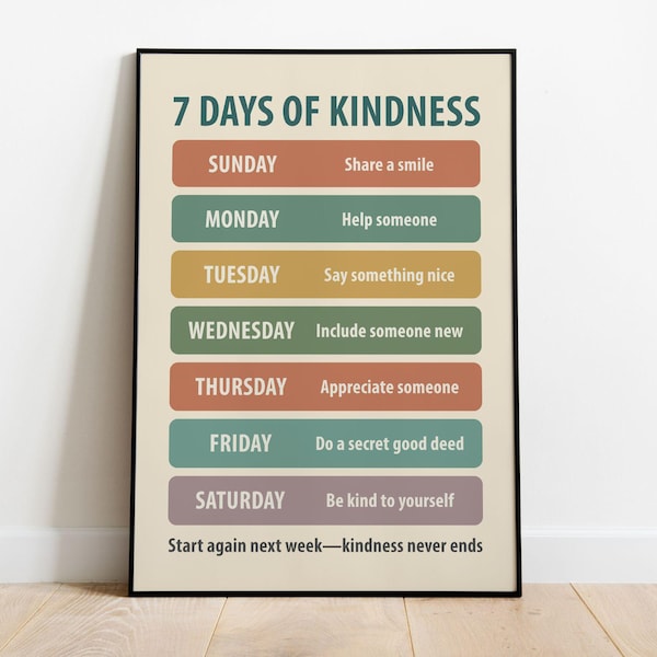 7 Days of Kindness poster for kids, inclusion poster for students, homeschool poster printable, growth mindset posters for classroom