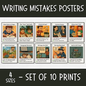 May include: A set of 10 writing mistakes posters with colorful illustrations and text. The posters cover topics like clichés, adverbs, and comma usage. The image also includes the text "4 sizes - set of 10 prints."