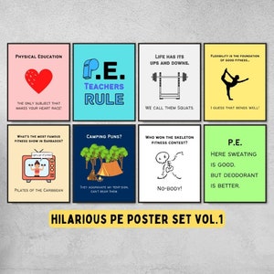 set of 8 funny physical education puns and memes printable posters, PE classroom decor middle & high school, PE teacher gift