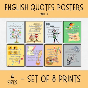 Puede incluir: Conjunto de ocho pósters imprimibles con citas sobre el poder de las palabras y el lenguaje. Los pósters son coloridos y cuentan con ilustraciones. El texto en los pósters incluye citas como "Las palabras tienen alas, déjalas volar a través de las páginas de tu imaginación." y "Abraza la belleza del lenguaje, es la melodía que baila en la página."