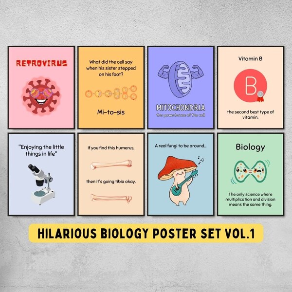 set of 8 funny biology classroom decor, science class decor for middle & high school, biology teacher wall art gifts, laboratory poster set