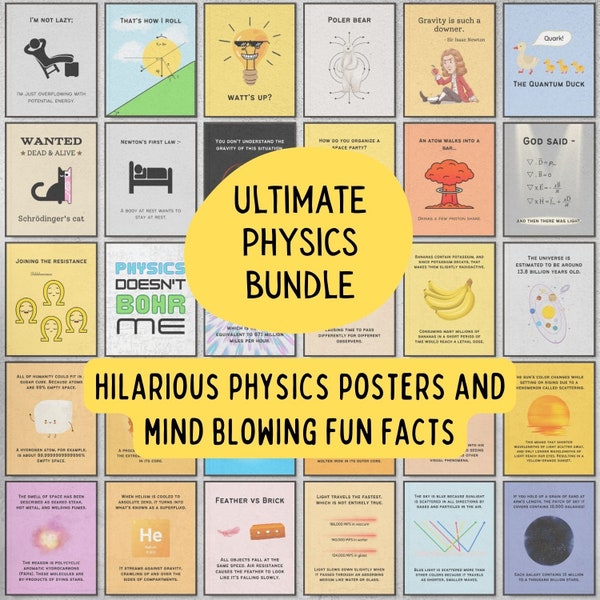 Ultimate bundle of physics classroom posters, funny & educational science classroom decor, physics teacher gifts, science theme party decor