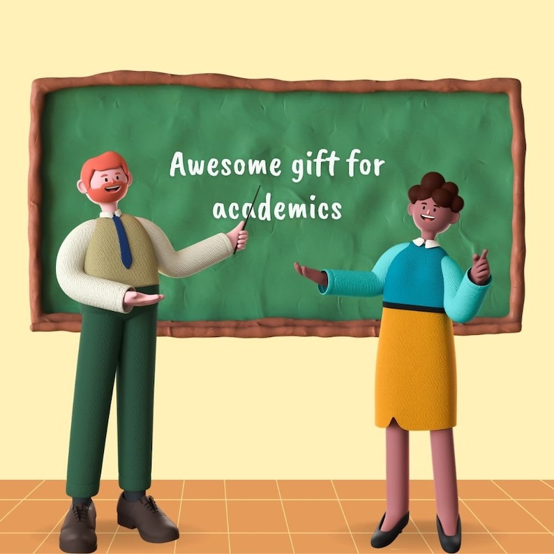 May include: A 3D illustration of two figures, a man and a woman, standing in front of a green chalkboard. The chalkboard has the text "Awesome gift for academics" written on it. The man is pointing with a pointer stick, and the woman is gesturing with her hands.