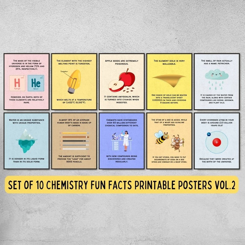 May include: A set of ten chemistry fun facts printable posters. Each poster features colorful illustrations and text about scientific facts, including elements, compounds, and properties. The posters are designed for educational purposes.