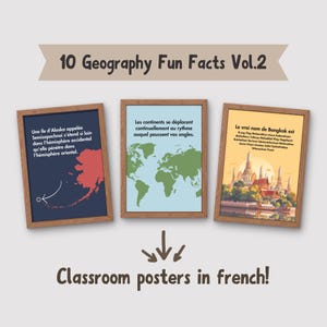 10 geography fun facts posters in french, social studies classroom decor, geography homeschool printables, world geography teacher gifts