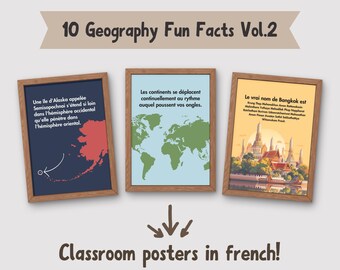 10 geography fun facts posters in french, social studies classroom decor, geography homeschool printables, world geography teacher gifts