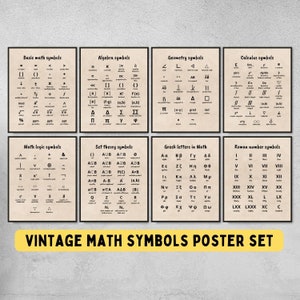 set of 8 vintage mathematics symbols printable posters, math classroom decor for middle & high school, math teacher gift, dorm room decor