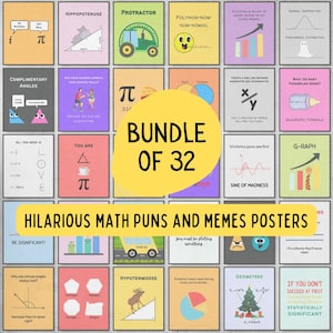 bundle of 32 funny math puns and memes printable posters, mathematics classroom decor for middle & high school, gift for professor teacher