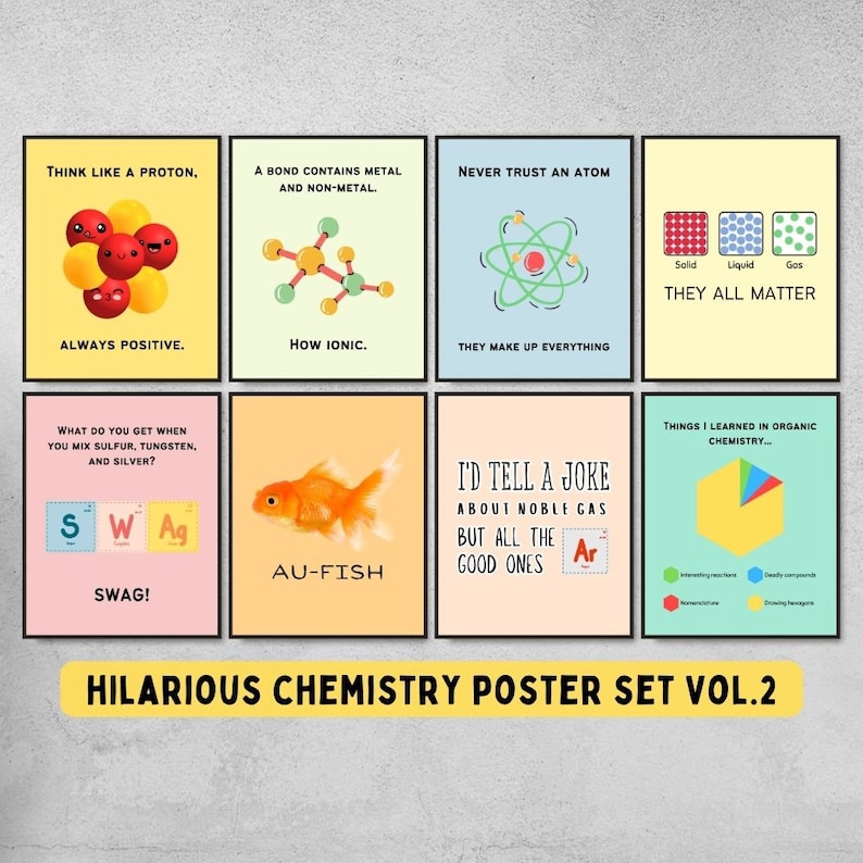 May include: A set of eight humorous chemistry posters with black frames. Each poster features colorful illustrations and witty text about scientific concepts, including atoms, elements, and chemical bonds. The set is titled "HILARIOUS CHEMISTRY POSTER SET VOL.2".