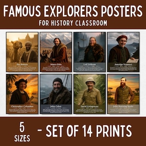 Decoração e flashcards para sala de aula de história dos famosos exploradores, pôsteres para sala de aula de história mundial, presentes para professores de história, presentes para fãs de história