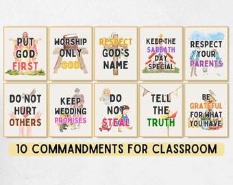Posters met 10 geboden, decor katholiek klaslokaal, christelijk thuisonderwijs, decoratie zondagsschool, bijbelposter voor kinderen