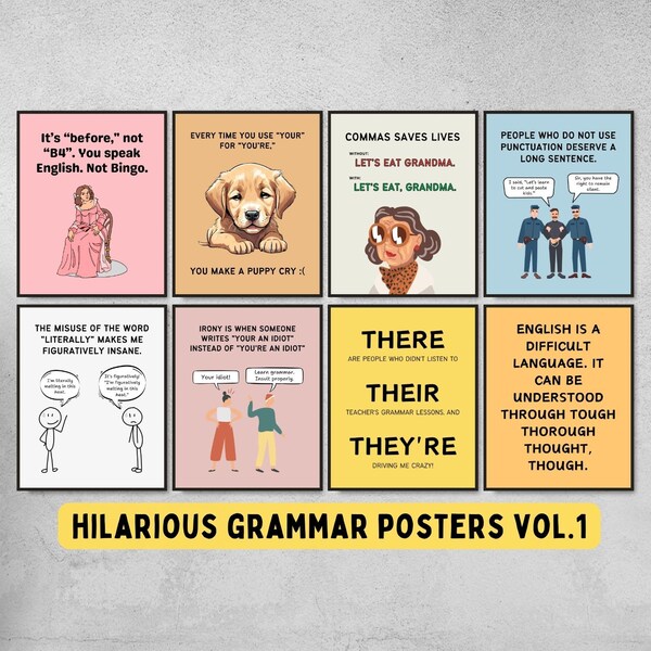 Set of 8 funny grammar posters for English classroom decor, punctuation wall posters, english language arts decor, grammar gift for teachers