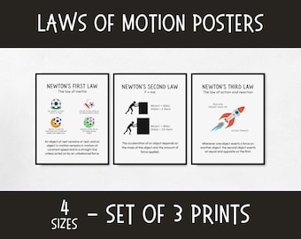 May include: Set of three framed science posters illustrating Newton's Laws of Motion. Each poster features text and diagrams explaining the laws of inertia, acceleration, and action-reaction. The set includes the text "LAWS OF MOTION POSTERS" and "SET OF 3 PRINTS".