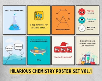 chemistry set of 8 funny printable posters for science classroom decor, chemistry decorations teacher gift, science laboratory poster decor
