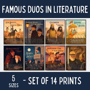 Puede incluir: Un conjunto de 14 impresiones que presentan dúos literarios famosos, como Don Quijote y Sancho Panza, Sherlock Holmes y el Dr. Watson, y Romeo y Julieta. Las impresiones están disponibles en 5 tamaños y presentan ilustraciones coloridas.