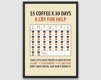 Funny 5 Coffee x 30 Days poster for kids, financial education classroom decor, teach kids finance, life skills for kids, funny teacher gift
