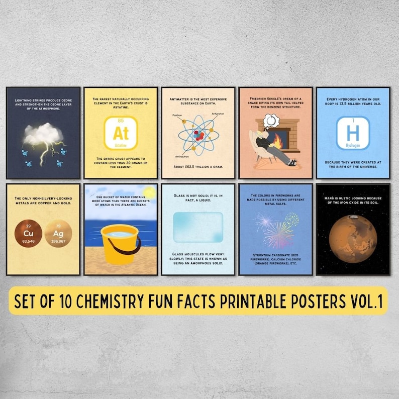 May include: A set of 10 chemistry fun facts printable posters, Vol. 1. Each poster features colorful illustrations and text about scientific concepts, including lightning, elements, and the structure of matter.