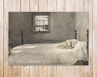 Andrew Wyeth、ALVARO'S BEDROOM Andrew Wyeth Master Bedroom Print, Dog Sleeping in Bed, Vintage